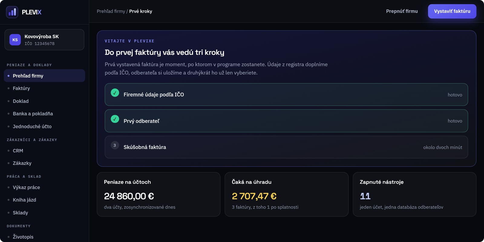 Prvé kroky po registrácii: tri odškrtávacie kroky do prvej faktúry a čísla firmy.